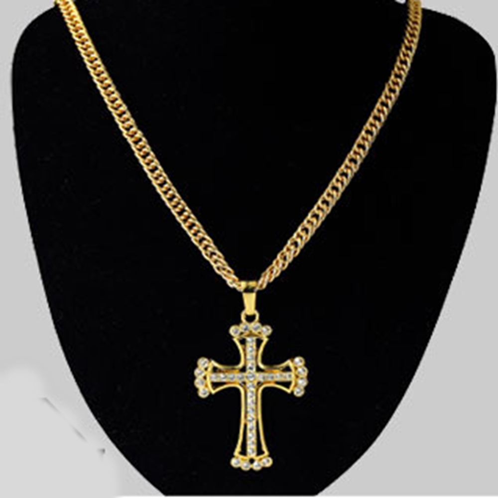 Iced Out Cross Pendant 18k Yellow Gold Filled Mens Crucifix Pendant Chain Necklace