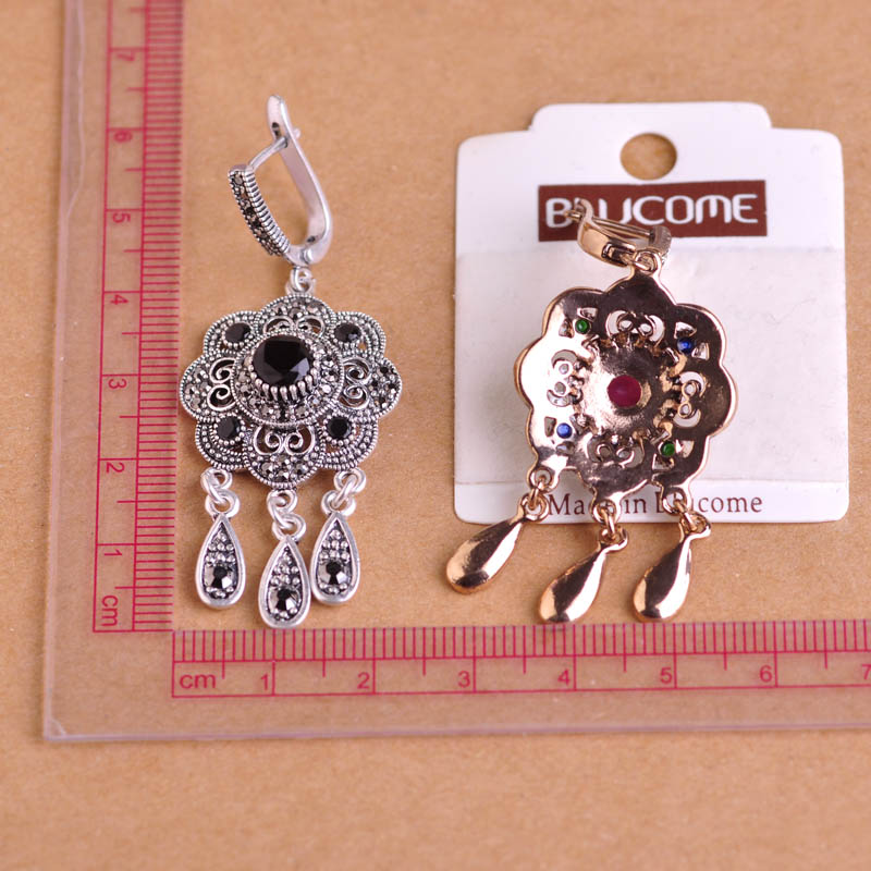 Wholesale-2016 Vintage Turkish Jewelry Sets Green Flower Pendant Antique Gold Plated Princess Hooks Long Pendientes Necklace Earrings Set