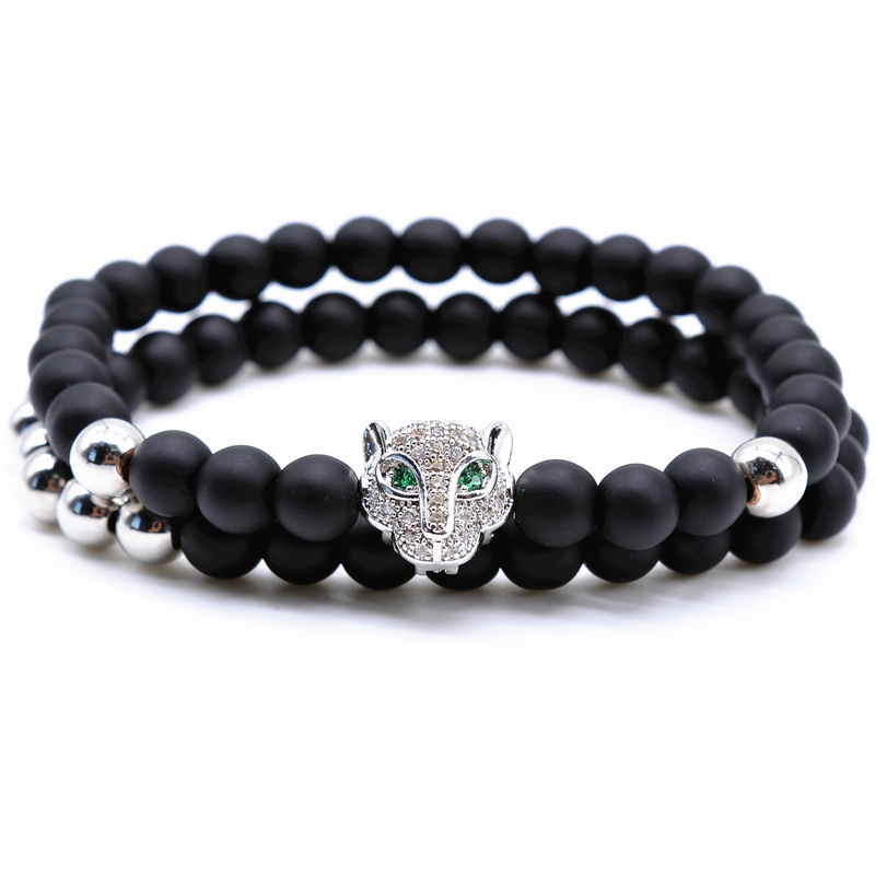 Charm leopard head two in one Bracelet Strands 6 mm black natural agate beads sin bead man Du Jinzhu
