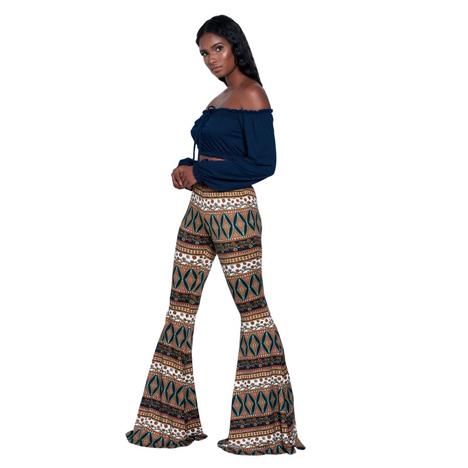 HAOYUAN Women Elastic Boot Cut Trousers 2017 Summer Casual High Waist Pants African Print Boho Slim Long Flare Wide Leg Pant q1110
