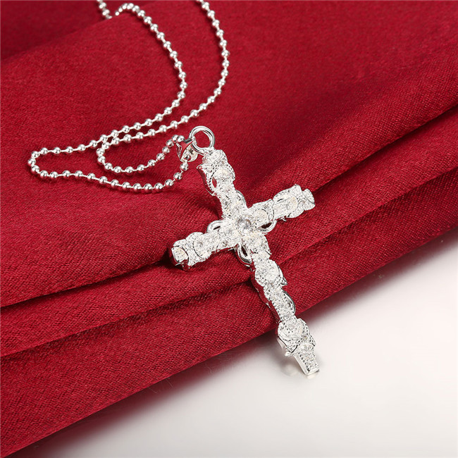 High grade Odd shaped insets cross Men white gemstone sterling silver necklace STSN359,fashion 925 silver necklace factory direct sale