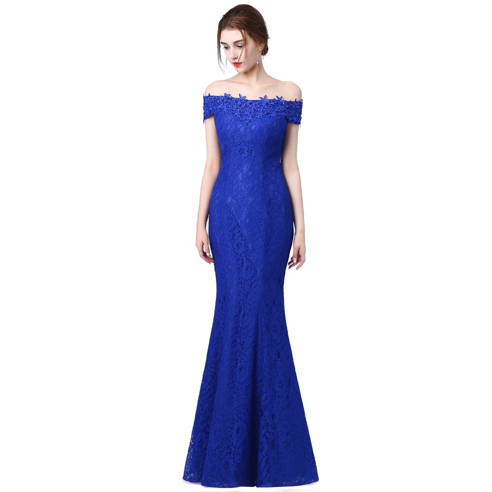 Long Mermaid Evening Dress Off the Shoulder Blue Beaded Robe Femme Bal Prom Evening Gowns Dress Black Backless Party Dress