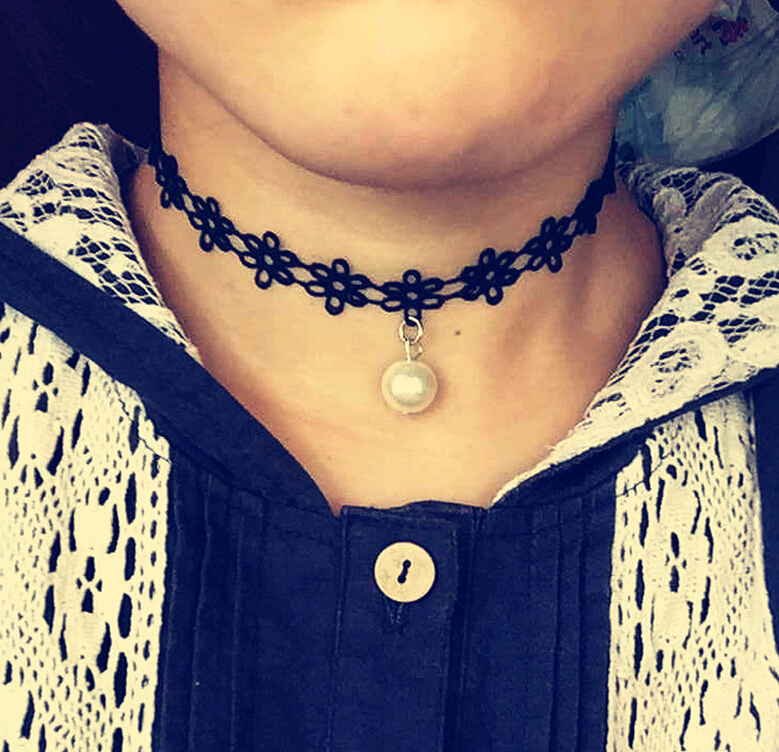 New Korean Lace Neck Necklaces Collar Style Teen Black Velvet Pearl Choker Necklace Collars Bone Goth Rock Torques with pendant