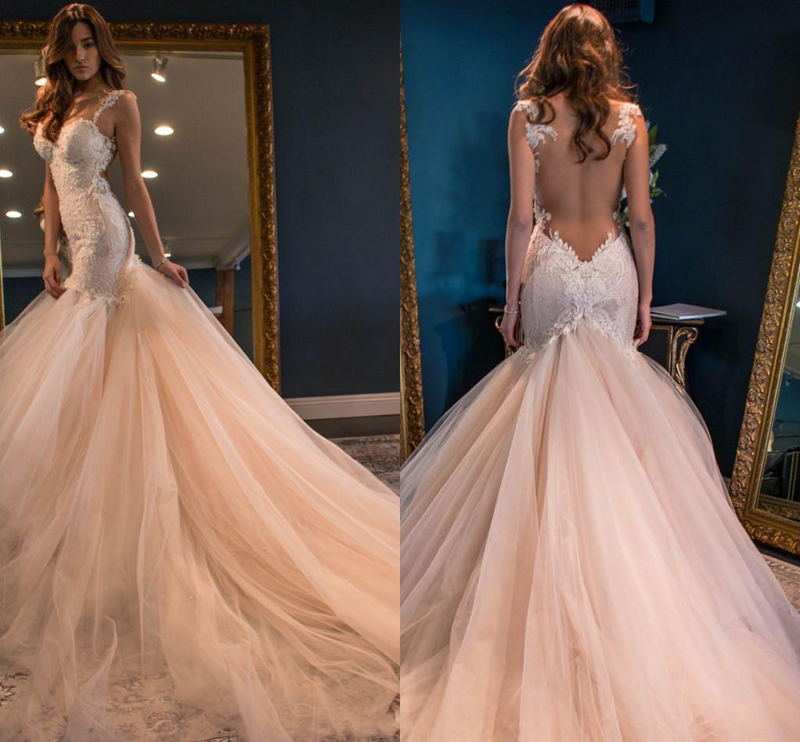 2017 Spring Sweep Train Mermaid Wedding Dresses Long Sexy Spaghetti Deep V Neck Backless Tiered Tulle Court Train Lace Bridal Gowns, Champagne
2017 Spring Sweep Train Mermaid Wedding Dresses Long Sexy Spaghetti Deep V Neck Backless Tiered Tulle Court Train Lace Bridal Gowns, Champagne