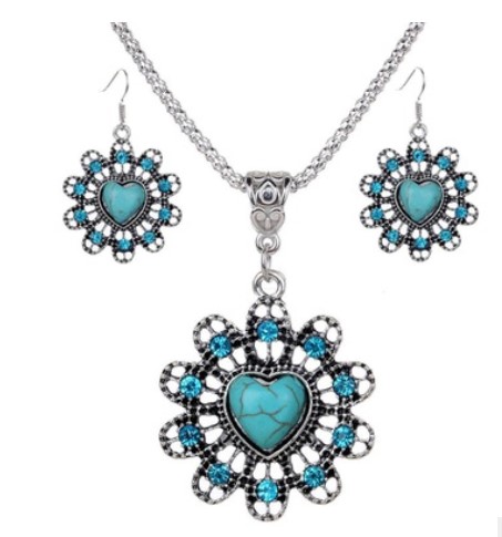 Fashion Jewelry Exaggerated Vintage National Style Turquoise Owl Gourd Butterfly Heart Necklace Earrings Jewelry Set Rhinestone Jewelry Set