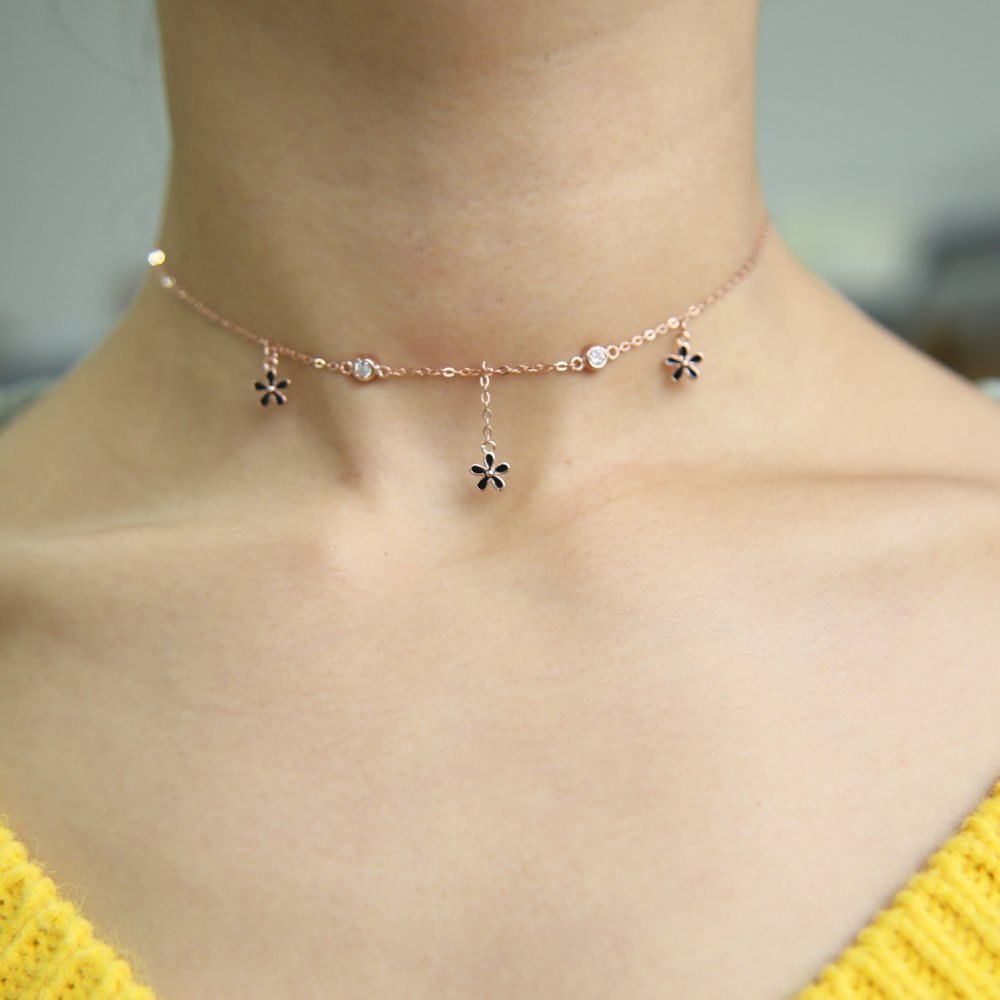 100 925 sterling silver enamel pink black daisy flower charm charm choker fits pandora silver girl gift necklace