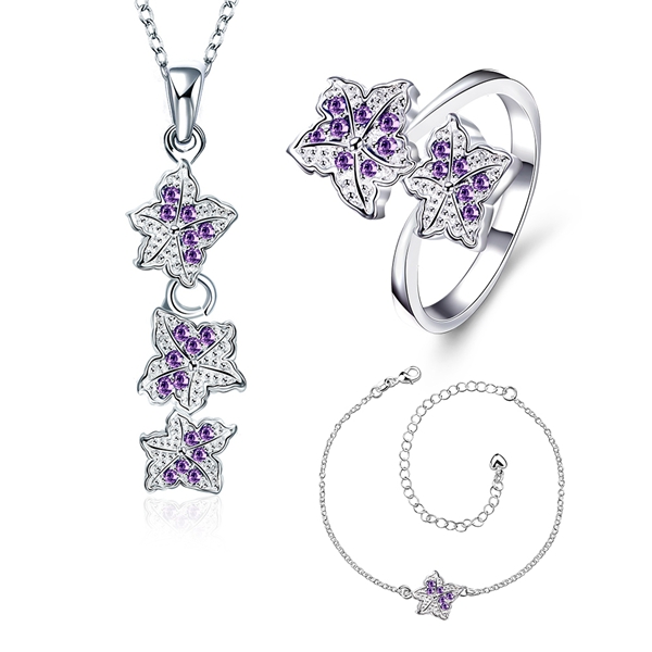 Christmas gift fashion 925 silver necklace bracelet Leaves jewelry sets STSS031A sterling silver blue gemstone rings fit women wedding