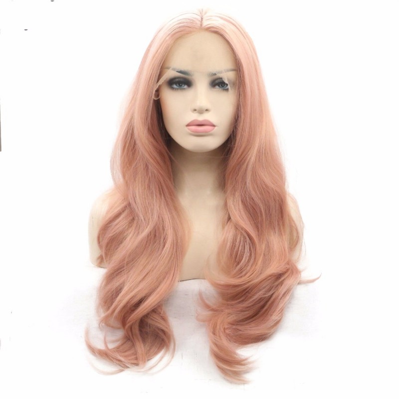 Free shipping Fashion natural wave hair rose gold color pink heat resistant fiber glueless long for womens synthetic lace front wig