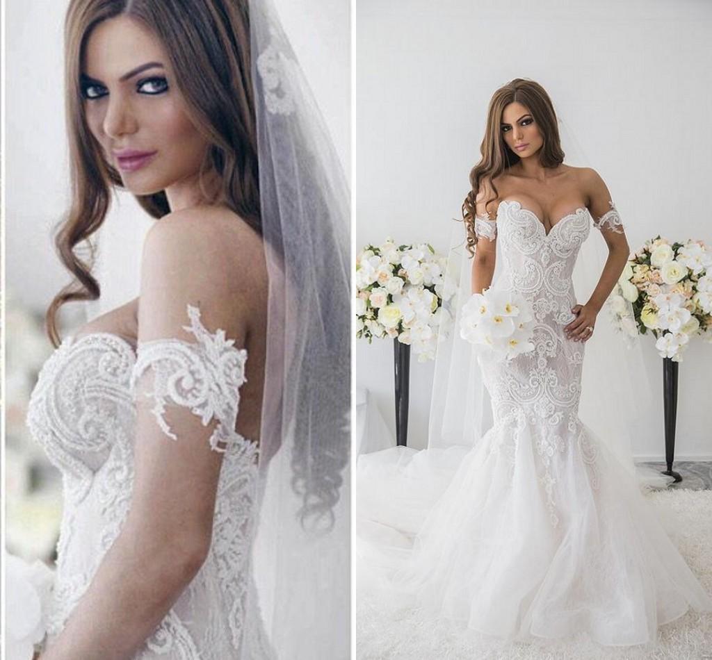 luxurious off shoulder sweep train sexy mermaid wedding dresses white pearls zipper custom made wedding gowns