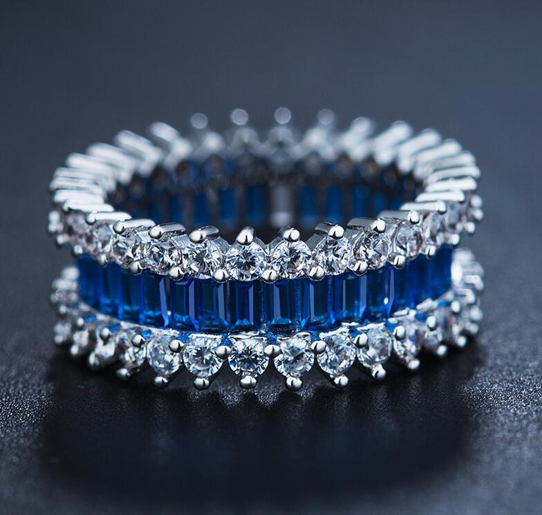10KT White Gold Filled Women's Wedding Band Ring with Princess Cut Blue Sapphire CZ Dia Gemstones, Size 5-10 dh911125171