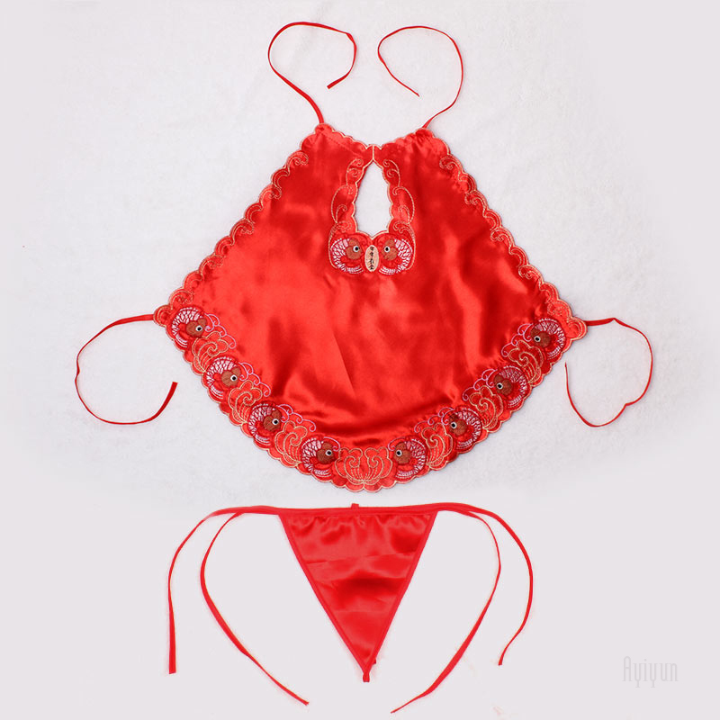 Wholesale-2016 Summer backless Suit Uniform Temptation Red halter-neck Apron Sleepwear Thongs Set Sexy Lingerie Nightgowns Women Nightwear