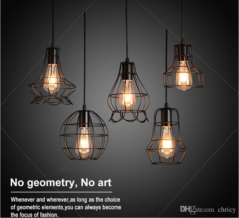 Vintage Iron Pendant Light Cage Hanging Lamp Retro E27 Pyramid Lighting for Restaurant Coffee Bar Living Room