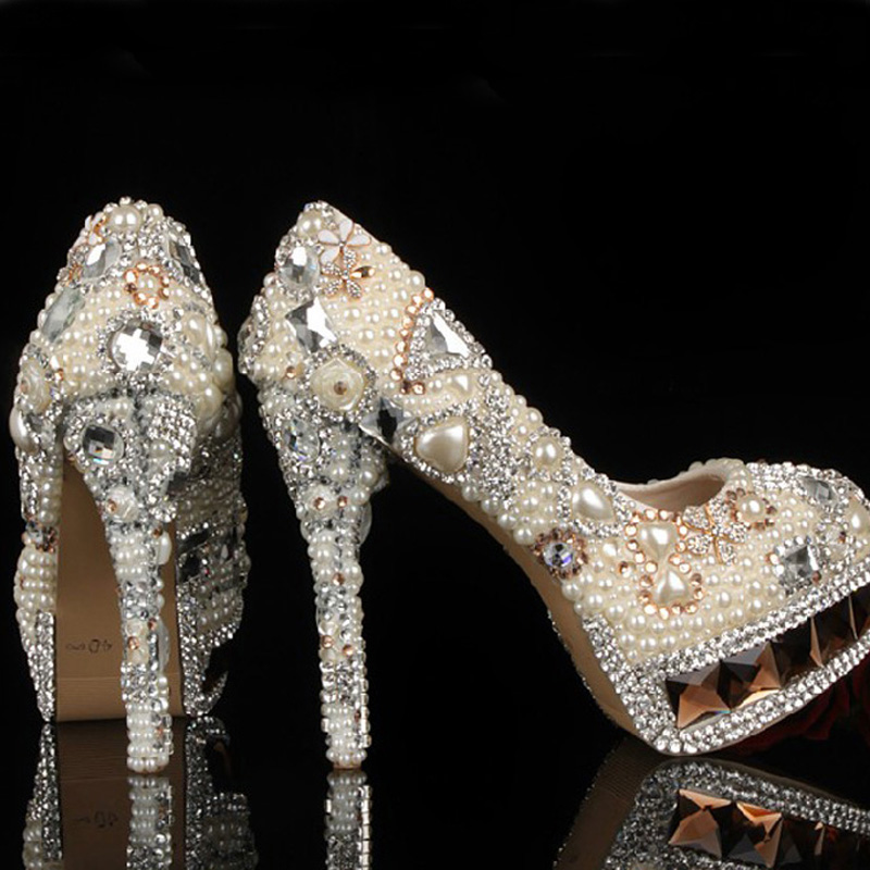 White Ivory Crystal and Pearl Round Toe Bridal Wedding Shoes Diamond High Heel Women Dress Shoes Gorgeous Fashion Lady Party Shoes