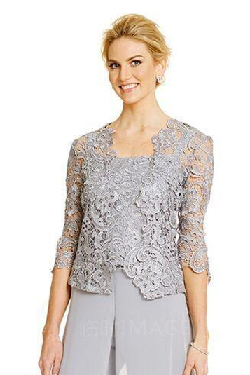 Elegant 2016 Silver Lace And Chiffon Spaghetti Mother Of Bride Pant Suit With 3/4 Long Sleeve Jacket 3 Pieces Custom Made EN90920