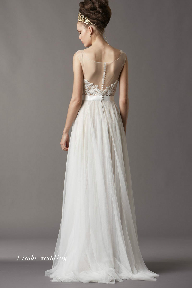 Free Shipping New Vintage Charming Sheer Transparent Tube Illusion Scoop Neck Lace Beach Casual Bridal Gown Wedding Dress Redo