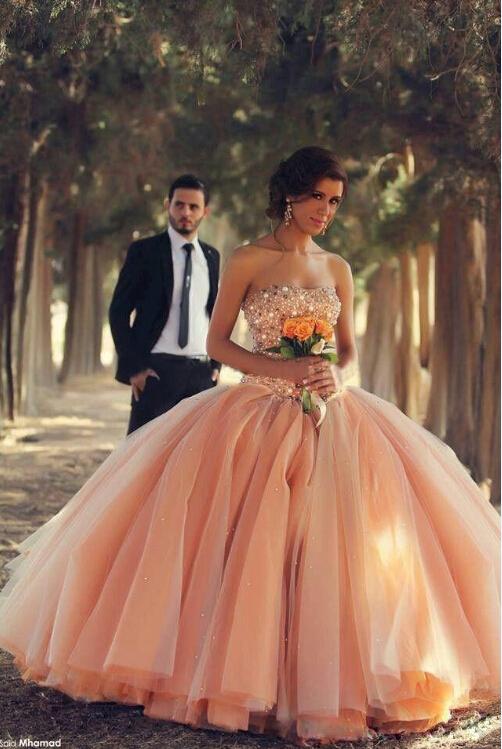 New Modest 2016 Sweetheart Pearls Beaded Sequin Ball Gown Quinceanera Dresses Peach Organza Long Sweet 16 Party Gowns Custom Made EN7118