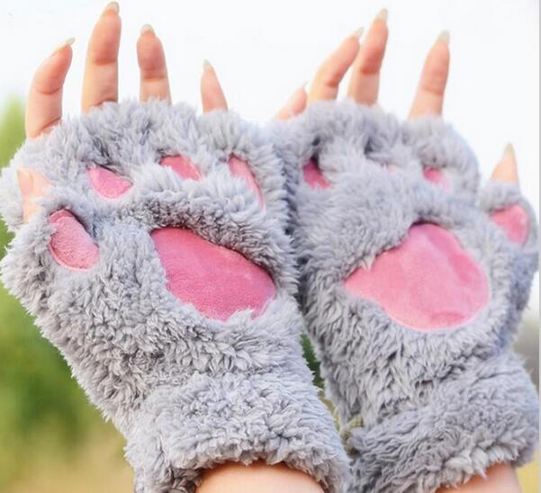 Ladies Winter Fingerless Gloves,Fluffy Bear Cat Plush Paw Claw Half Finger Glove,Soft Half Covered Women Female Gloves Mittens