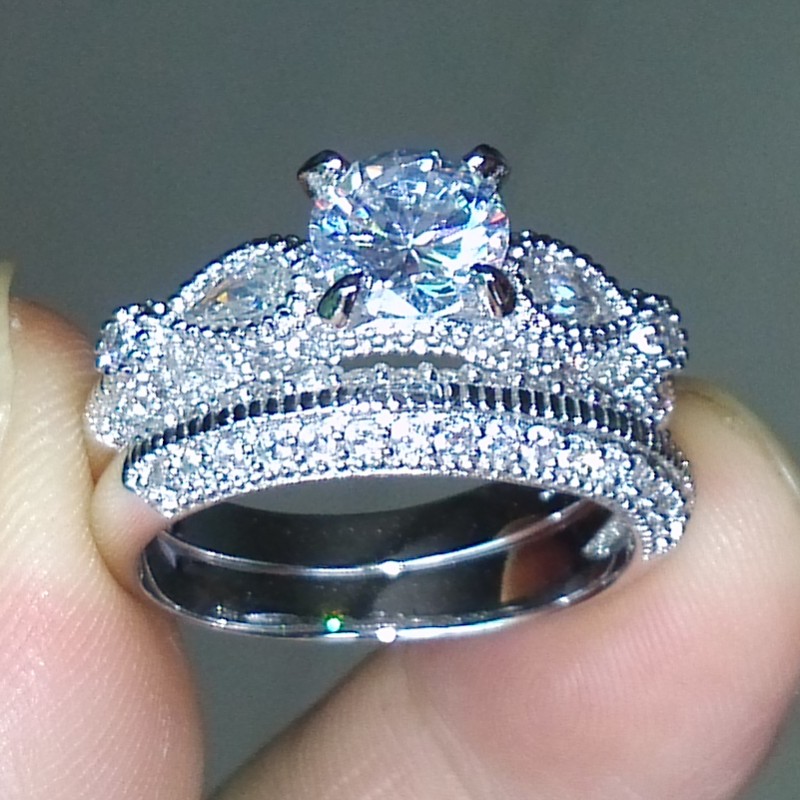 Sterg Sier Round Cut Simulated Dia Wedding Engagement Ring Set for Women Size 5-11, Pave Prong Setting, Cubic Zirconia, White Topaz & CZ, Bohemian Sty