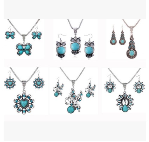 Fashion Jewelry Exaggerated Vintage National Style Turquoise Owl Gourd Butterfly Heart Necklace Earrings Jewelry Set Rhinestone Jewelry Set