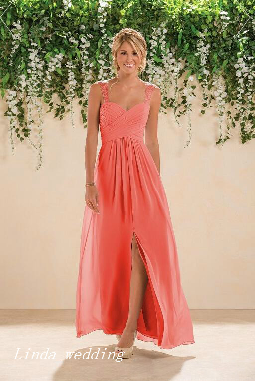 2019 Coral Country Bridesmaid Dress Chiffon Side Slit Backles Women Wear Formal Maid of Honor Dress Wedding Party Gown Prom Evening Dress