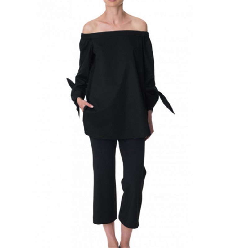 Wholesale-Blusas 2016 Summer Women Sexy Slash Neck Off Shoulder Strapless Long Sleeve Bowknot Blouse Top Casual Loose Shirt dress 4 Color