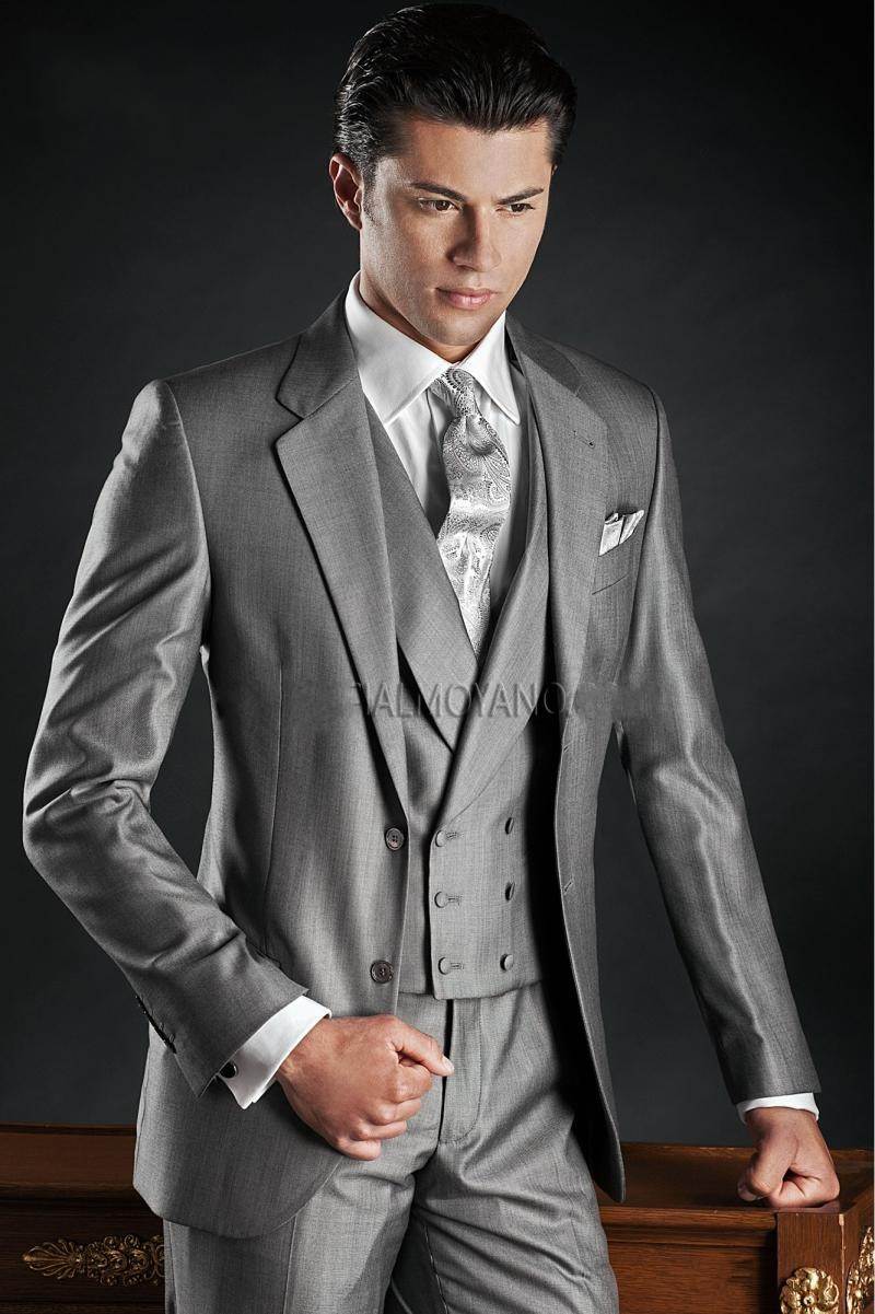 New Design Two Buttons Light Grey Groom Tuxedos Groomsmen Best Man Suits Mens Wedding Blazer Suits (Jacket+Pants+Vest+Tie) NO:559