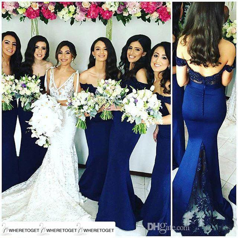 Elegant Navy Blue Bridesmaid Dresses 2016 Cheap Off Shoulder Sweetheart Lace Appliques Long Bridesmaid Dress Wedding Occasion Gowns