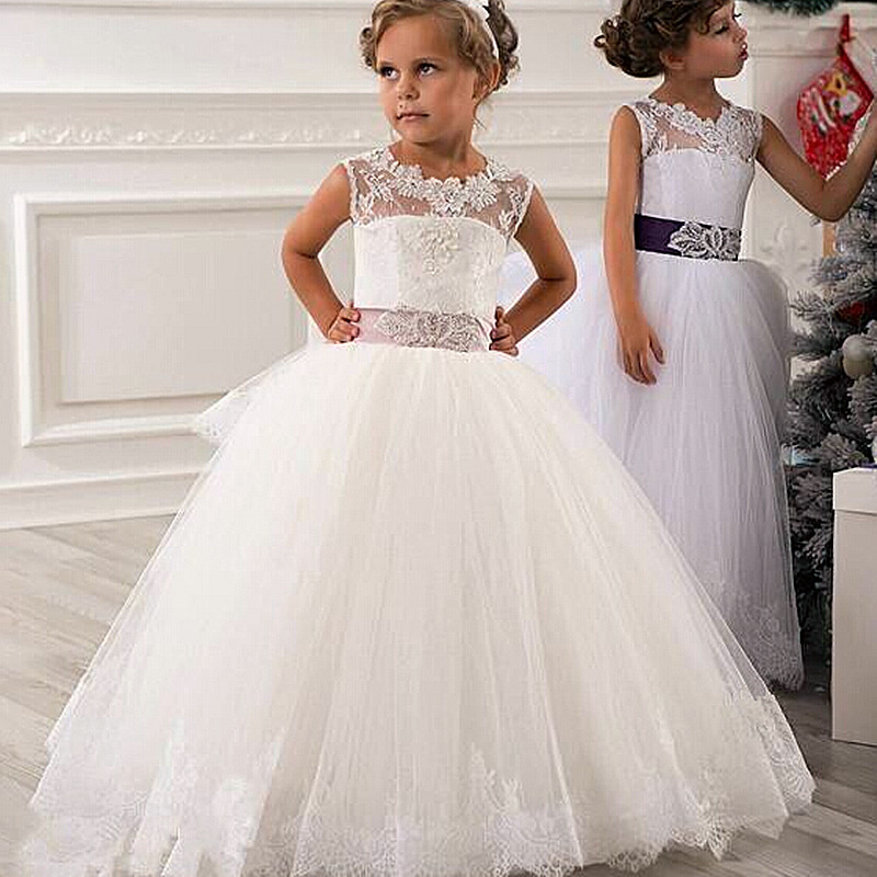 New Hot Flower Girl Dresses Vintage Jewel Sash Lace Net Baby Girl Birthday Party Christmas Communion Dresses Children Girl Party Dress