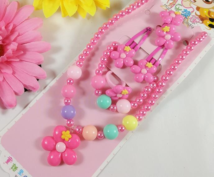 Kids gift jewelry set girl pearl beads cartoon pendants necklace bracelet ring hair clip hairband Set Christmas Party bag filler prize pink