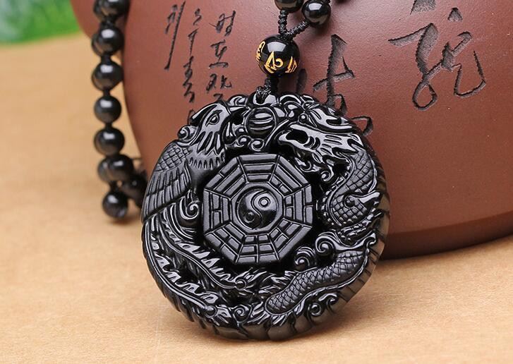 Volcanic Obsidian Phoenix Dragon Yin Yang Pendant Necklace PPUK Stock2772427