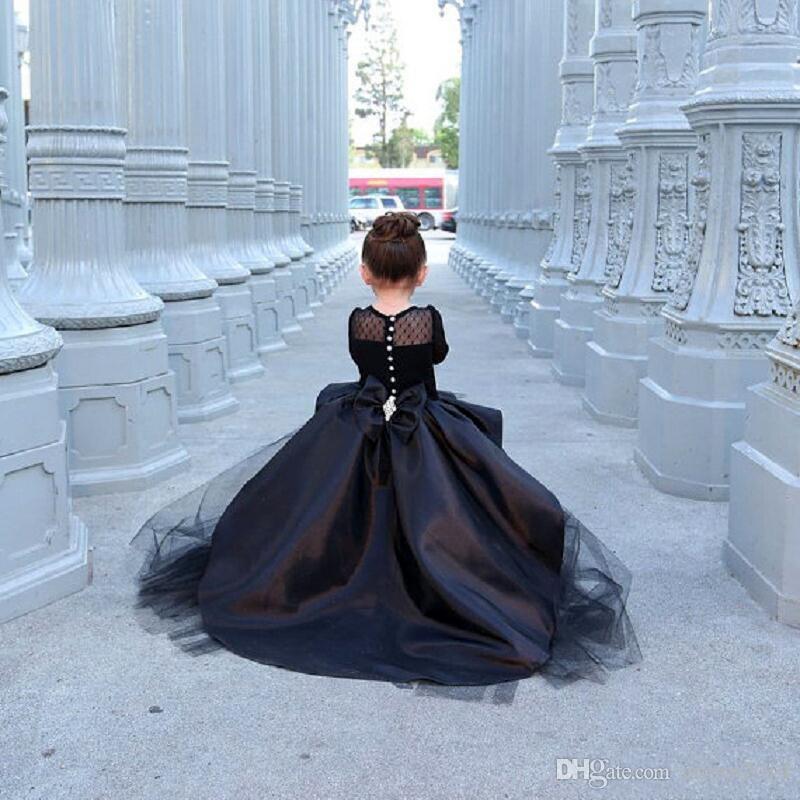 2022 New Black Long Sleeve Flower Girl Dresses For Wedding With Bow Tulle Jewel Neck Puffy Beaded High Low Little Girls Pageant Formal Dress