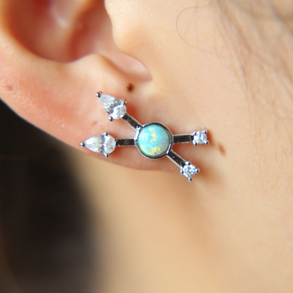 european Criss X design White cz with green fire opal unique fashion classic women ladies gold plated cross earring