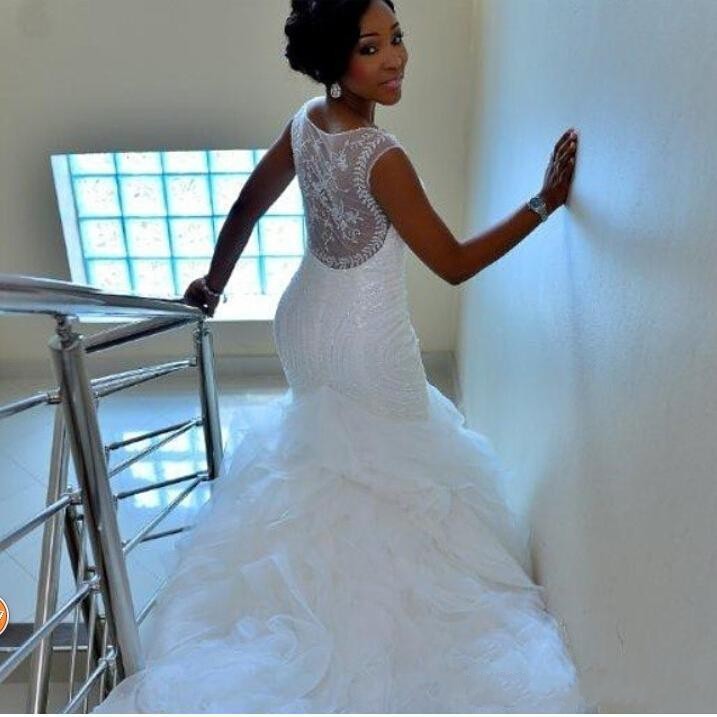 African Mermaid Dresses New Sexy Cap Sleeves Crystal Beaded Sheer Back Plus Size Chapel Train Custom Wedding Dress Bridal Gowns