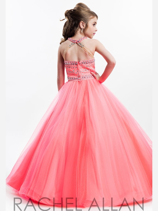 New Coral Jade Pageant Dresses Jewel Neck Illusion Crystal Beaded Open Back Long Kids Flower Girls Dress Birthday Communion Gowns