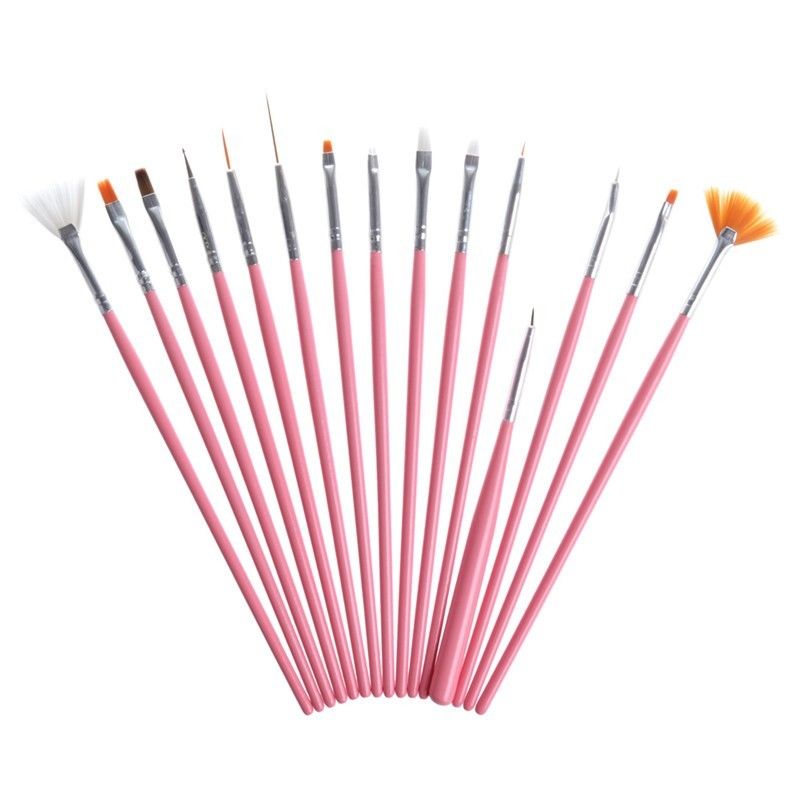 Pink 15Pcs Design DIY Acrylic Painting Tool UV Gel Pen Polish Nail Art Brush Set #R56