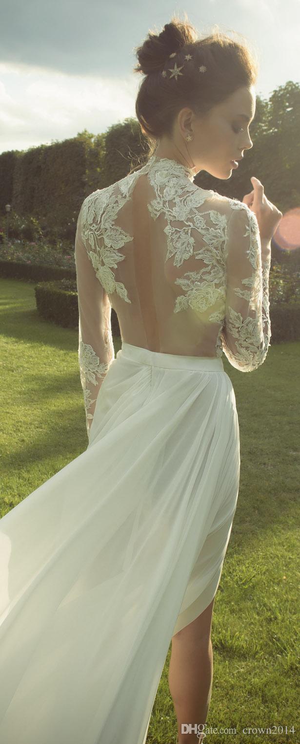 Haute Couture Chiffon Lace Wedding Dress Long Sleeve High Neck Illusion Back Applique Court Train Deep Split Front Garden Bridal Gown