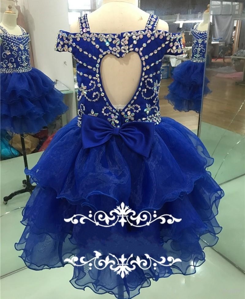 Lovely Royal Blue Crystals Girls Pageant Dresses Little Girls Ball Gowns Mini Ruffles Organza Princess Puffy Ritzee Girl Dress
