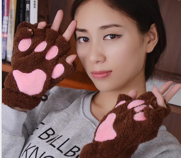 Ladies Winter Fingerless Gloves,Fluffy Bear Cat Plush Paw Claw Half Finger Glove,Soft Half Covered Women Female Gloves Mittens