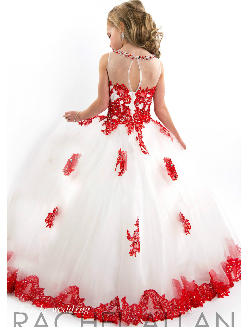 Cute White and Red Girl's Pageant Dress Princess Ball Gown Tulle Party Cupcake Pretty Little Kids Queen Flower Girl Dress