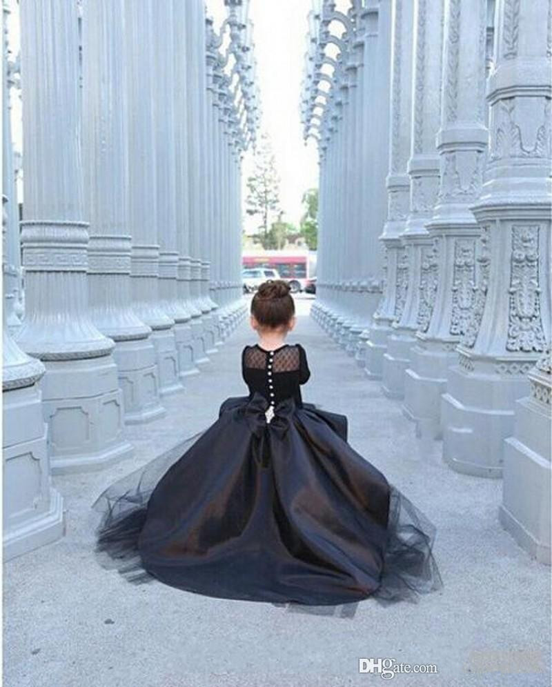 Black Hi-Lo Flower Girls For Weddings Customized Long Sleeve Pageant Dresses For Toddlers Teens Kids Formal Wear Party Communion Dress