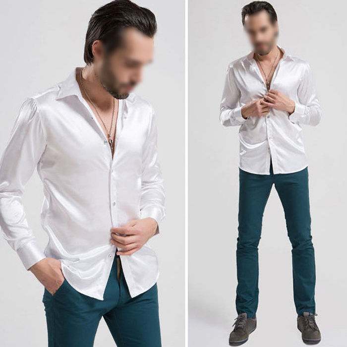 Wholesale-New Arrival Custom Made Any Colors Elastic Silk like Satin Men Wedding Shirt Groom Shirts Wear Bridegroom Slik Shirt For Men
