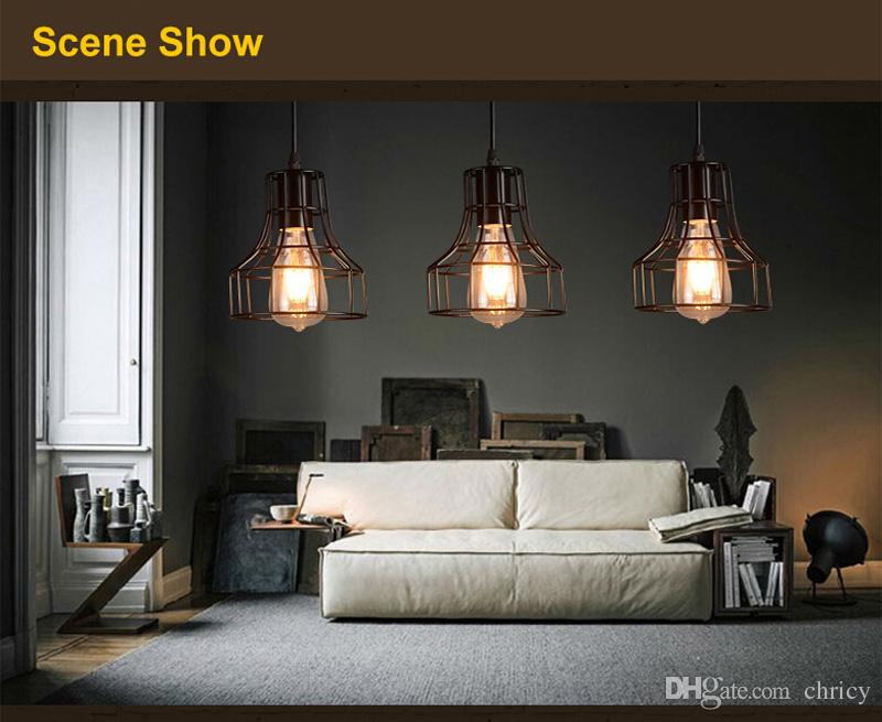 Vintage Iron Pendant Light Cage Hanging Lamp Retro E27 Pyramid Lighting for Restaurant Coffee Bar Living Room
