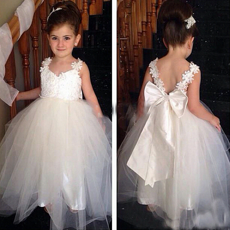 HOT Lovely Flower Girls Dresses For Weddings V Neck Tulle Floor Length Backless Ball Gown Junior Bridesmaid Dresses