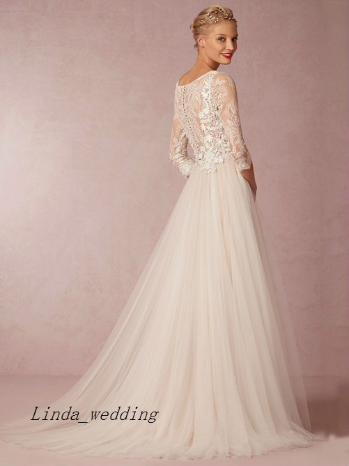 Free Shipping Elegant A-Line Princess Scoop Tulle 3/4 Sleeves Applique Court Train Wedding Dresses Bridal Gowns