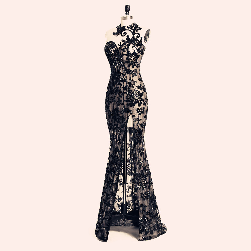Black Rami Salamoun Split Prom Dresses Long Appliqued Sheer High Neck Beading Mermaid Formal Evening Gowns Real Image Cheap Party Dress