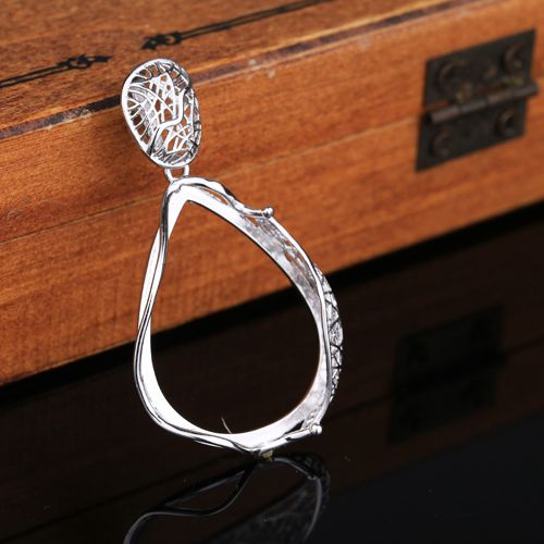 Real Sterling Silver 925 Plated White Gold Semi Mount Pendant Filligree Pear Cabochon 24x30mm Fine Jewelry Setting for Amber Turquoise