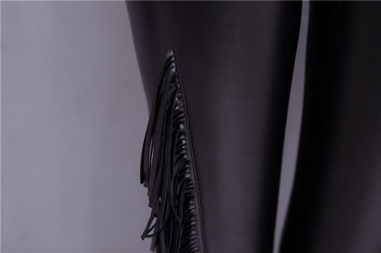 New design womens autumn winter sexy bodyon tassel fringe patchwork PU leather tunic leggings plus velvet tights pants elastic waist