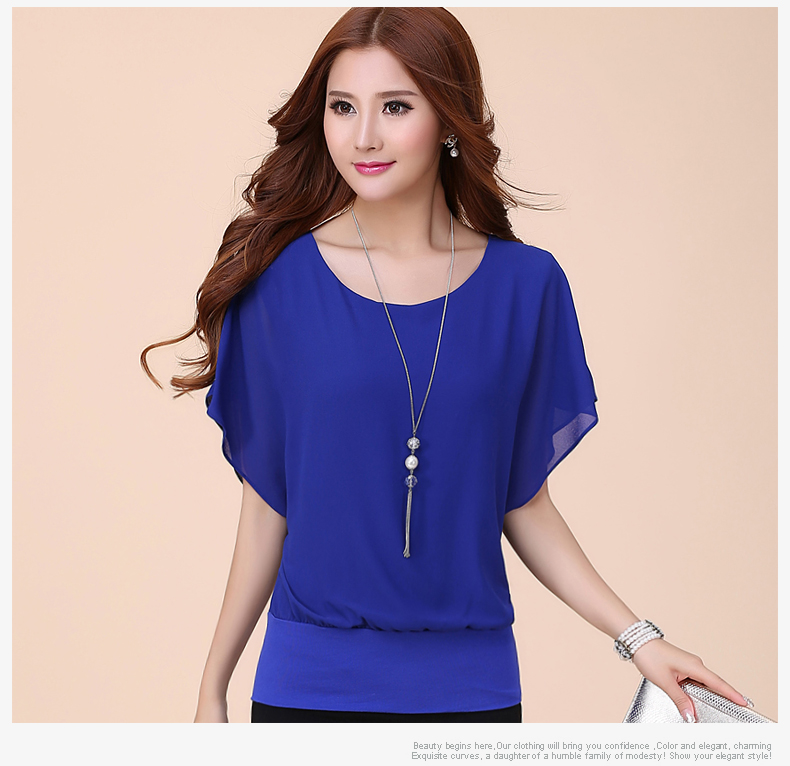 New Womens Tops Fashion 2016 Women Summer Chiffon Blouse Plus Size Ruffle Batwing Short Sleeve Casual Shirt Black White Red Blue