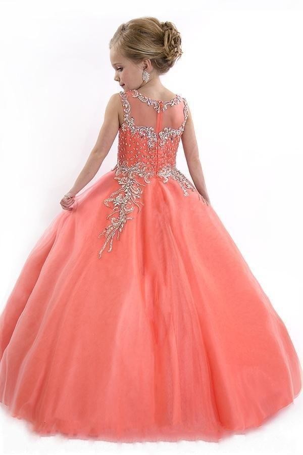 New 2016 Little Pageant Dresses Princess Illusion Jewel Crystal Beads Coral Tulle Kids Flower Girls Dress Cheap Birthday Gowns