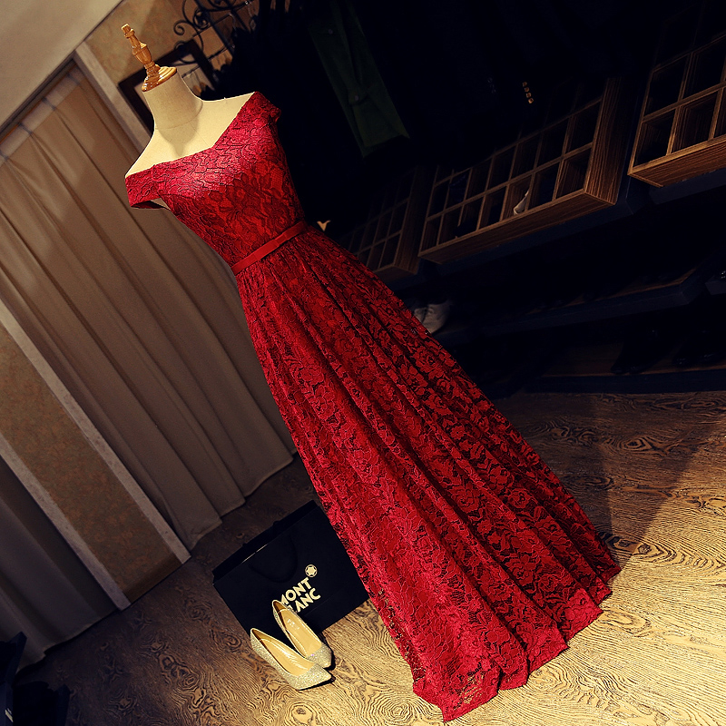 Bateau Neck Lace Evening Dress Royal Blue Burgundy 2018 Elegant Long Evening Gowns New Vestido De Festa Longo